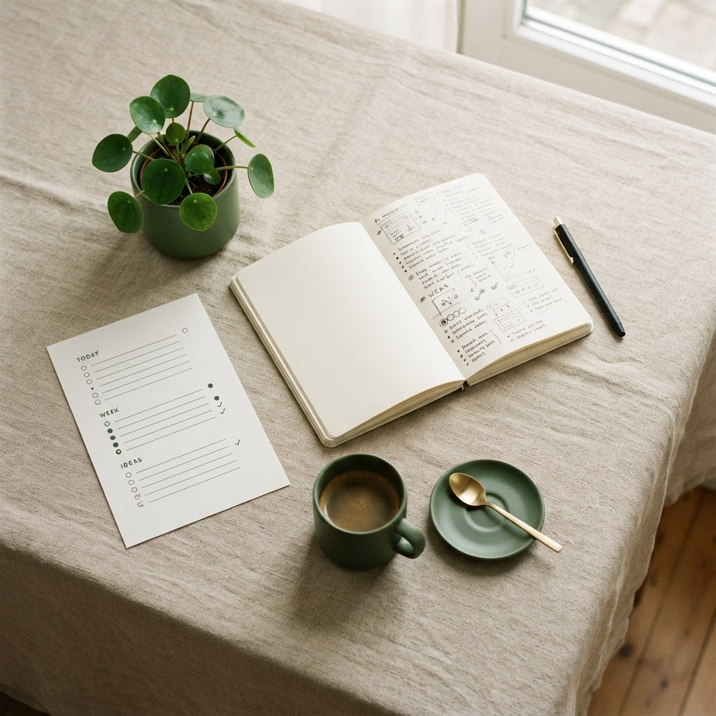 Un bureau calme avec un carnet de notes, une check-list et un café — symbolisant un workflow structuré et méthodique